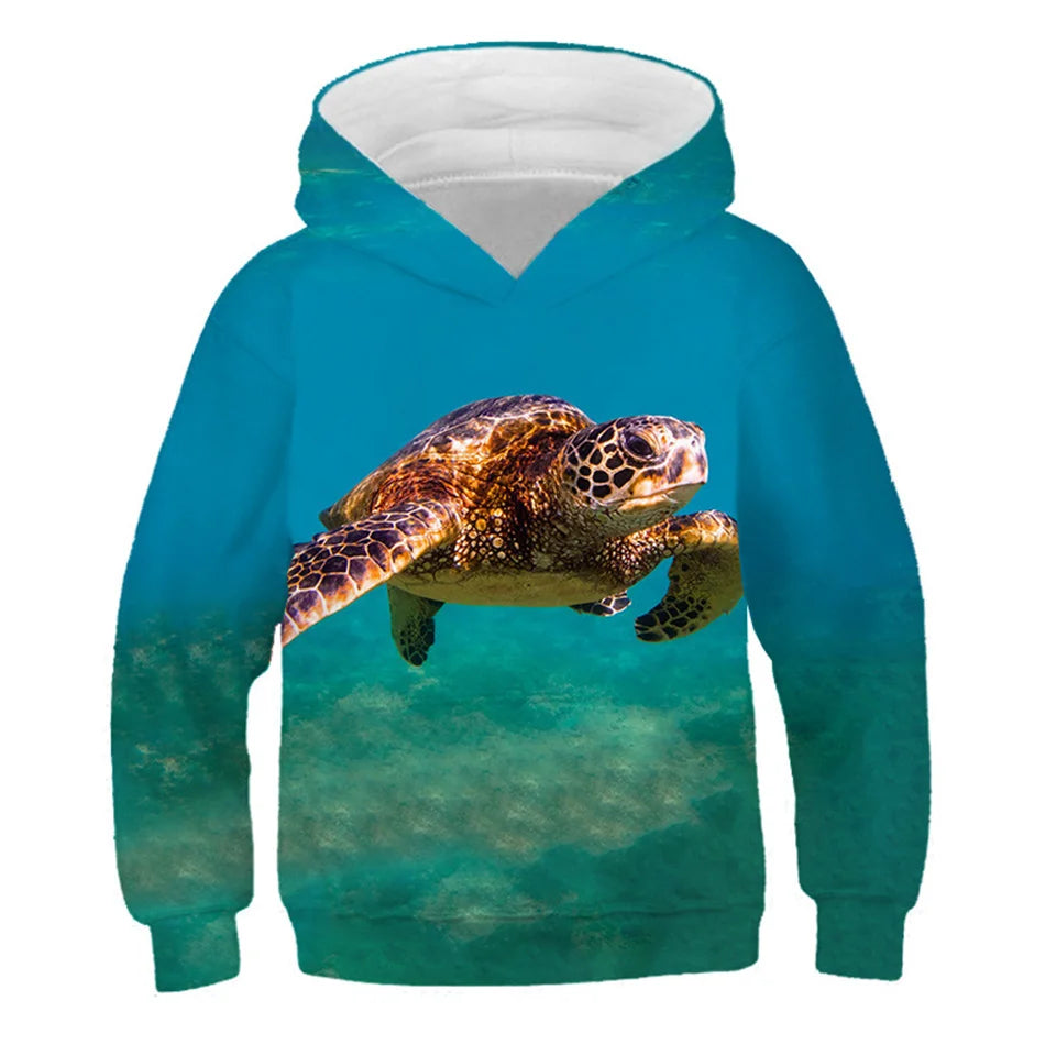 1 PC 4-13Y Children Fashion 3D Hoodies Ocean Dolphin Fish Sea Turtle Print Hooded Sweatshirt For Boy Girl Kids Birthday Gift Pullover