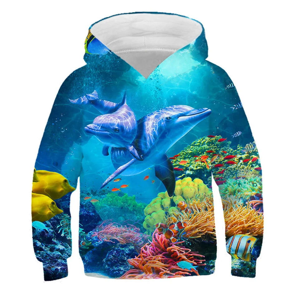 1 PC 4-13Y Children Fashion 3D Hoodies Ocean Dolphin Fish Sea Turtle Print Hooded Sweatshirt For Boy Girl Kids Birthday Gift Pullover