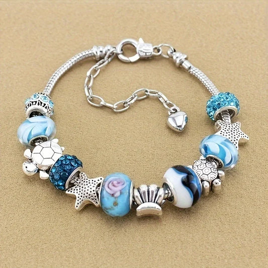 1pc Exquisite Sea Star Turtle Blue Bohemian Alloy Bracelet Ocean Inspired Holiday Decorative Accessory for Boho Chic Style Lover