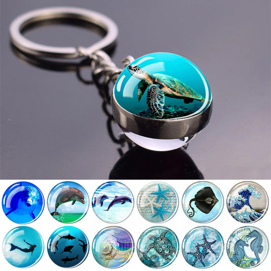 1 Blue Sea Keychain Marine Organisms Cute Key Chain Double Sided Glass Ball Pendant Dolphins Turtles Starfish Keyring Jewelry Gift