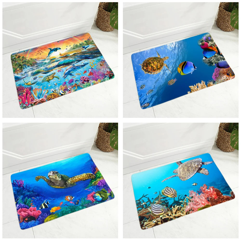 1 Colorful Underwater World Sea Turtle Floor Door Mat for Hallway Kitchen Room Decor Animal Doormat Non-Slip Soft Flannel Rug