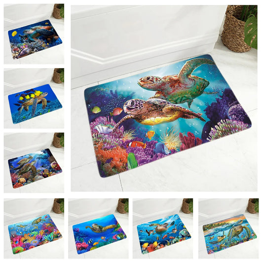 1 Colorful Underwater World Sea Turtle Floor Door Mat for Hallway Kitchen Room Decor Animal Doormat Non-Slip Soft Flannel Rug