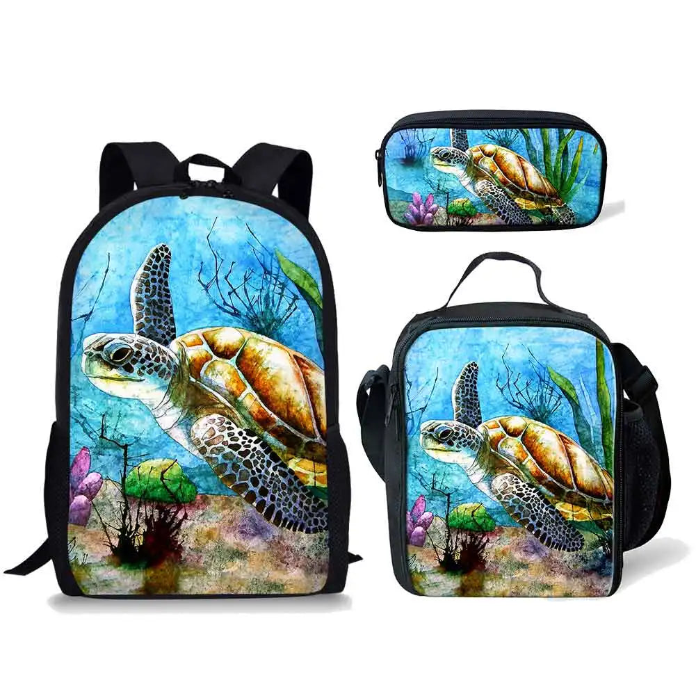 1 3 PC Bling Neon Sea Turtle Backpack Set Personalized Lunch Box Pencil Case for Boys Girls 3 Pieces Backpacks Teenagers School Bags