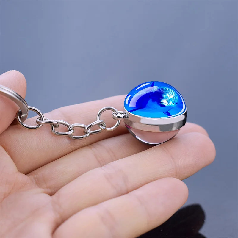 1 Blue Sea Keychain Marine Organisms Cute Key Chain Double Sided Glass Ball Pendant Dolphins Turtles Starfish Keyring Jewelry Gift