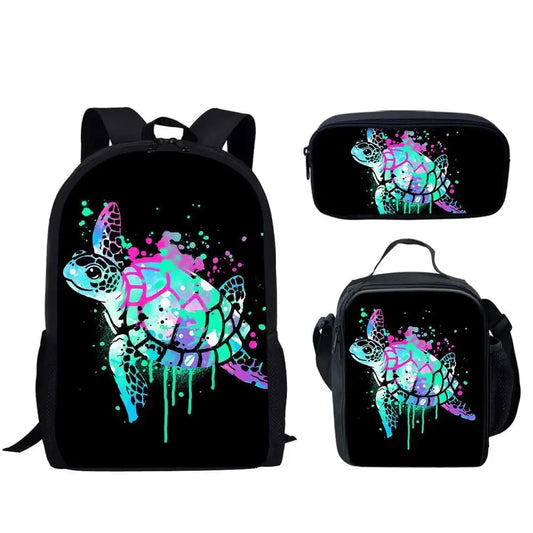 1 3 PC Bling Neon Sea Turtle Backpack Set Personalized Lunch Box Pencil Case for Boys Girls 3 Pieces Backpacks Teenagers School Bags