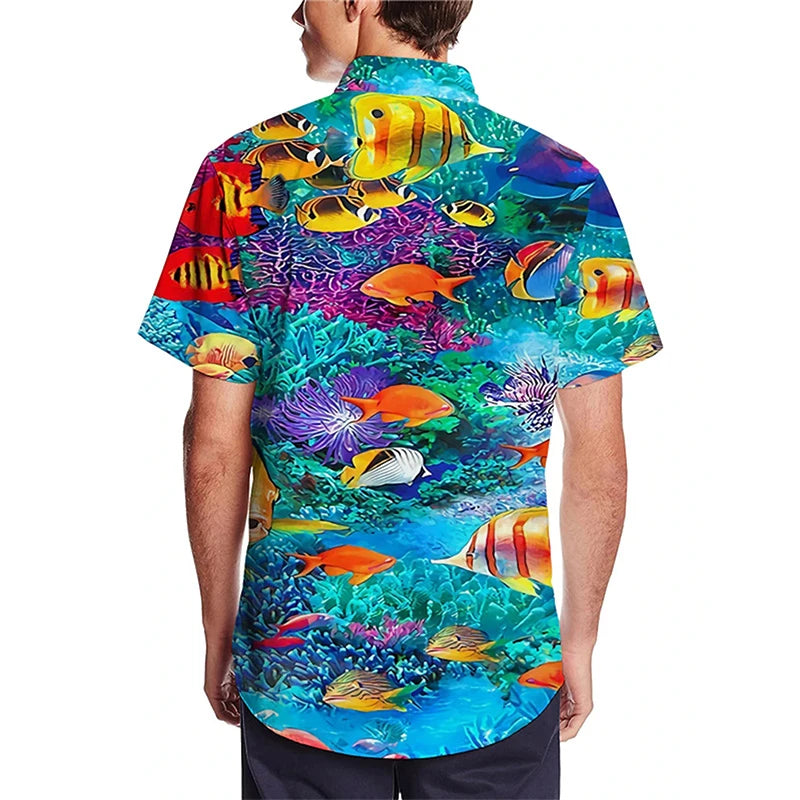 1 3D Print Sea Fish Graphic Aloha Shirts For Men Summer Short Sleeve Turndown Button-Down Shirts Apparel Mens Beach Shirt Tops