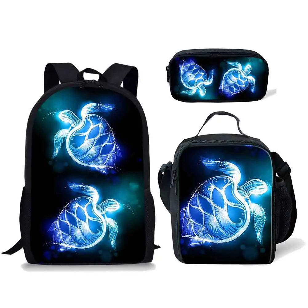 1 3 PC Bling Neon Sea Turtle Backpack Set Personalized Lunch Box Pencil Case for Boys Girls 3 Pieces Backpacks Teenagers School Bags