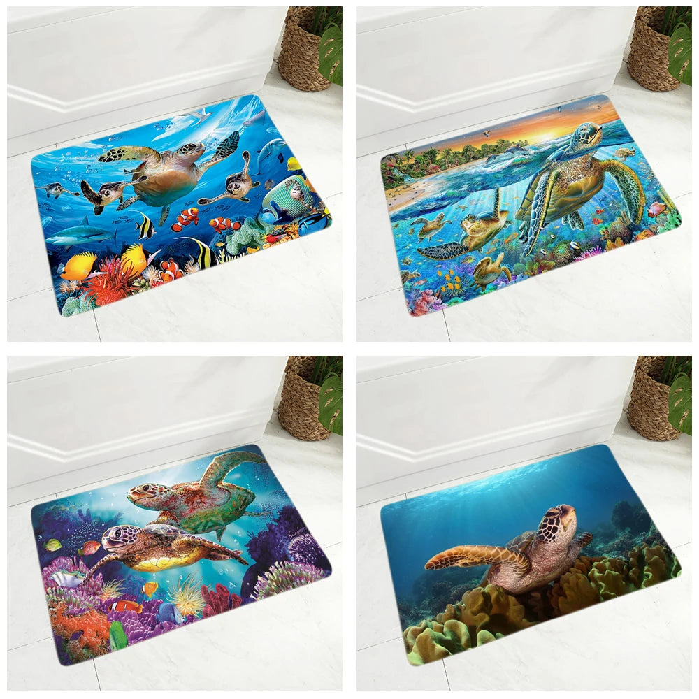 1 Colorful Underwater World Sea Turtle Floor Door Mat for Hallway Kitchen Room Decor Animal Doormat Non-Slip Soft Flannel Rug