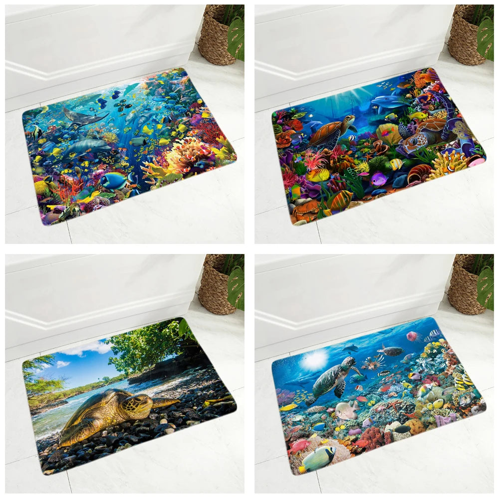 1 Colorful Underwater World Sea Turtle Floor Door Mat for Hallway Kitchen Room Decor Animal Doormat Non-Slip Soft Flannel Rug