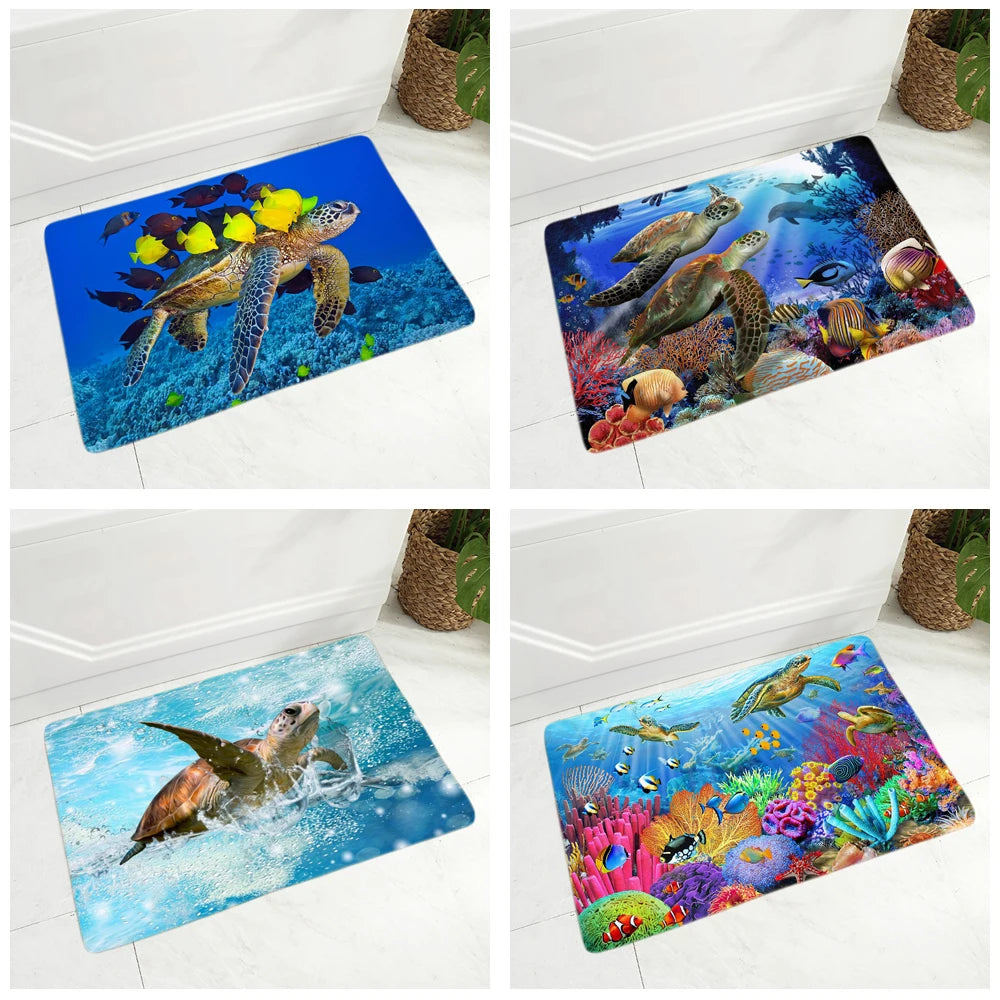 1 Colorful Underwater World Sea Turtle Floor Door Mat for Hallway Kitchen Room Decor Animal Doormat Non-Slip Soft Flannel Rug