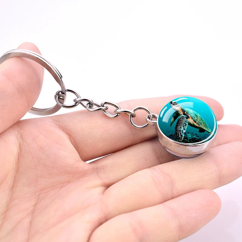 1 Blue Sea Keychain Marine Organisms Cute Key Chain Double Sided Glass Ball Pendant Dolphins Turtles Starfish Keyring Jewelry Gift